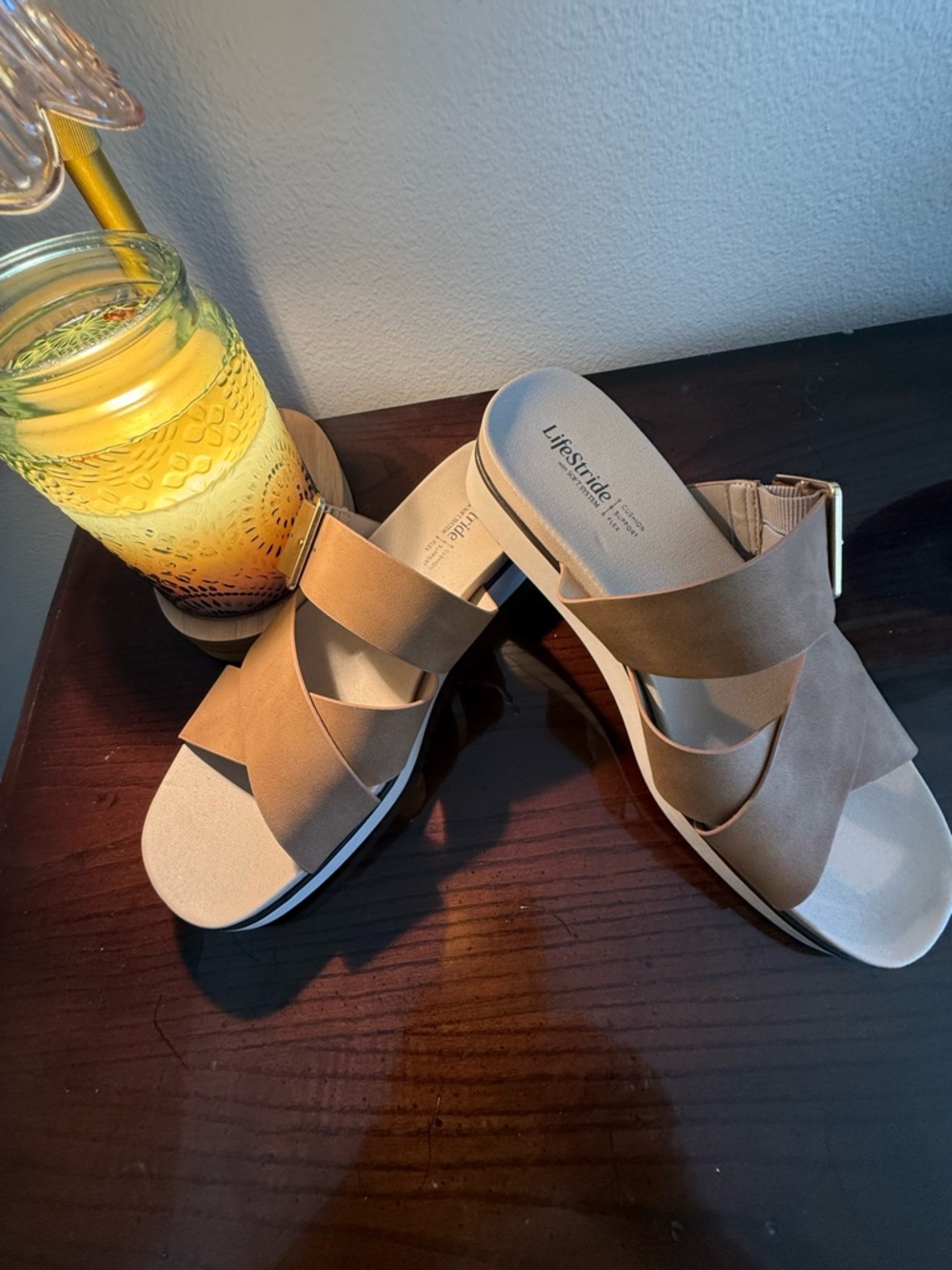 Life Stride Tan Crossover Wedge Slide Sandals. Sz 8